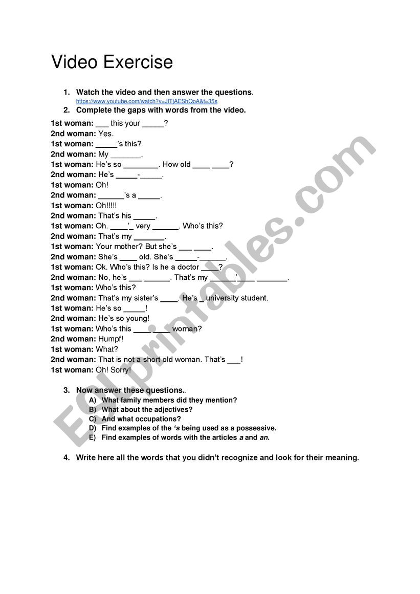 Video Exercise - Family Members, Occupations, Adjectives and Possessives