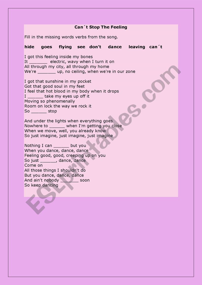 Cant Stop the Feeling Missing Verbs
