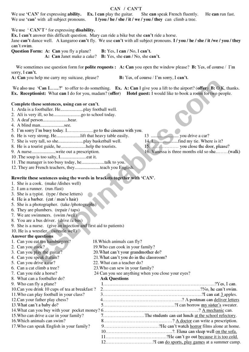 CAN-CAN�T worksheet