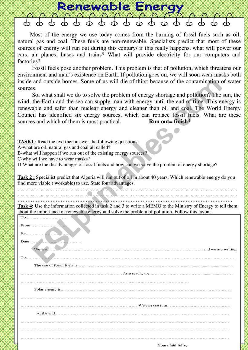 Renewable Energy worksheet