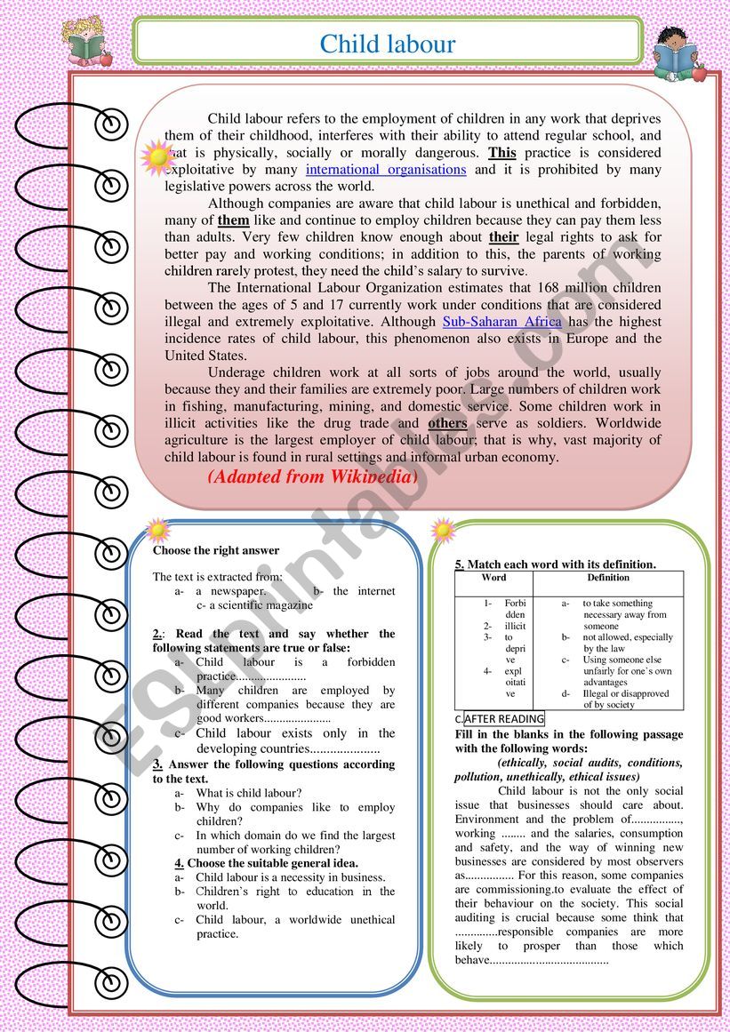 Child labour  worksheet