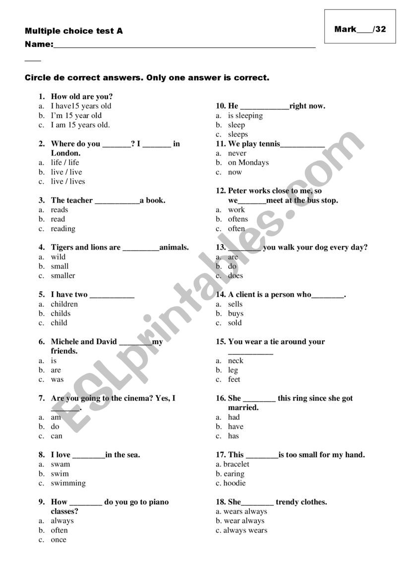 Multiple choice with key worksheet