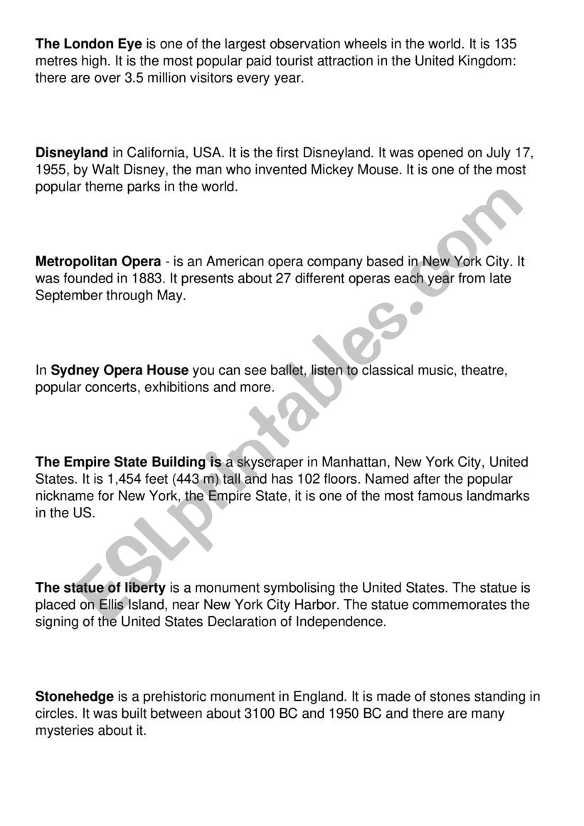 English-speaking countries. Places of interest. Matching activity