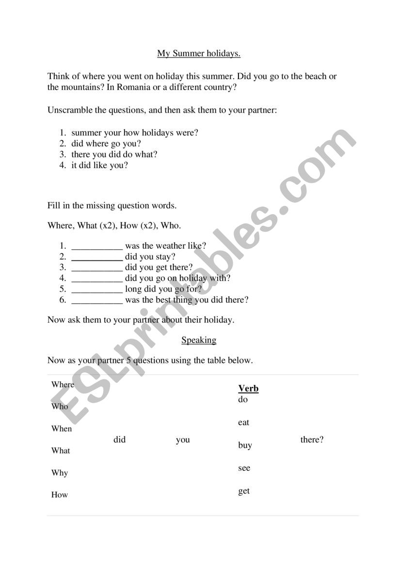My summer holiday worksheet