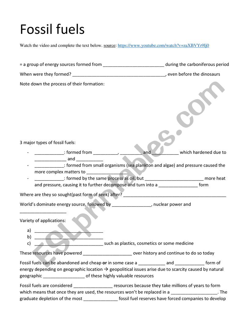 Fossil fuels  worksheet
