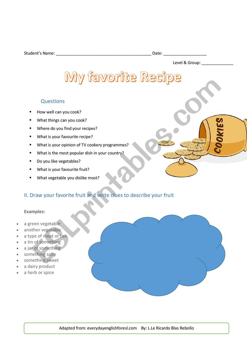 My favorite recipe worksheet