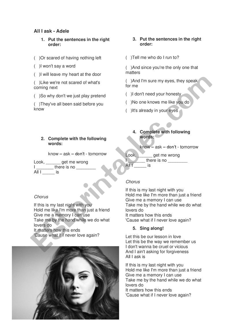 All I Ask - Adele worksheet