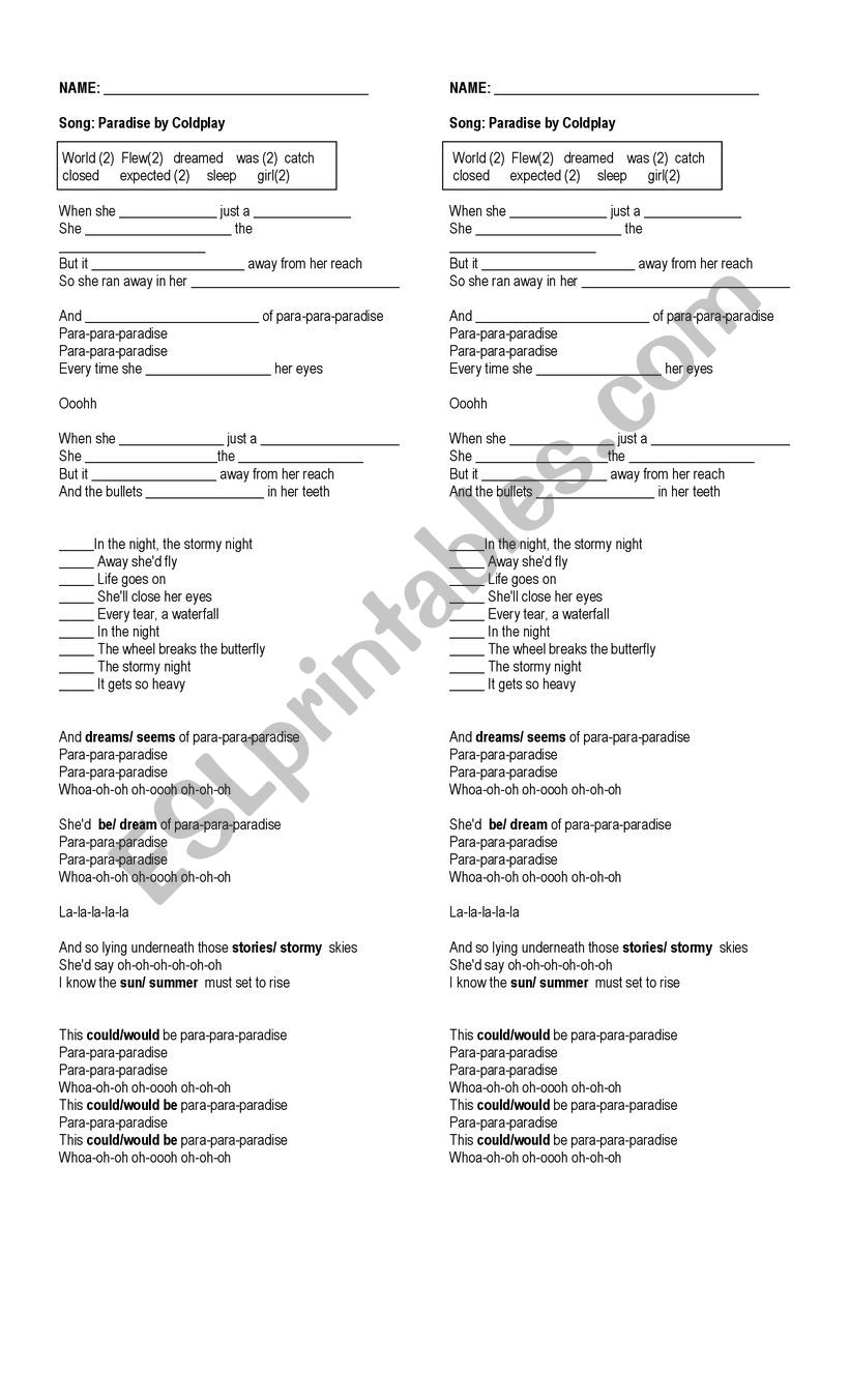 Paradise - Coldplay worksheet