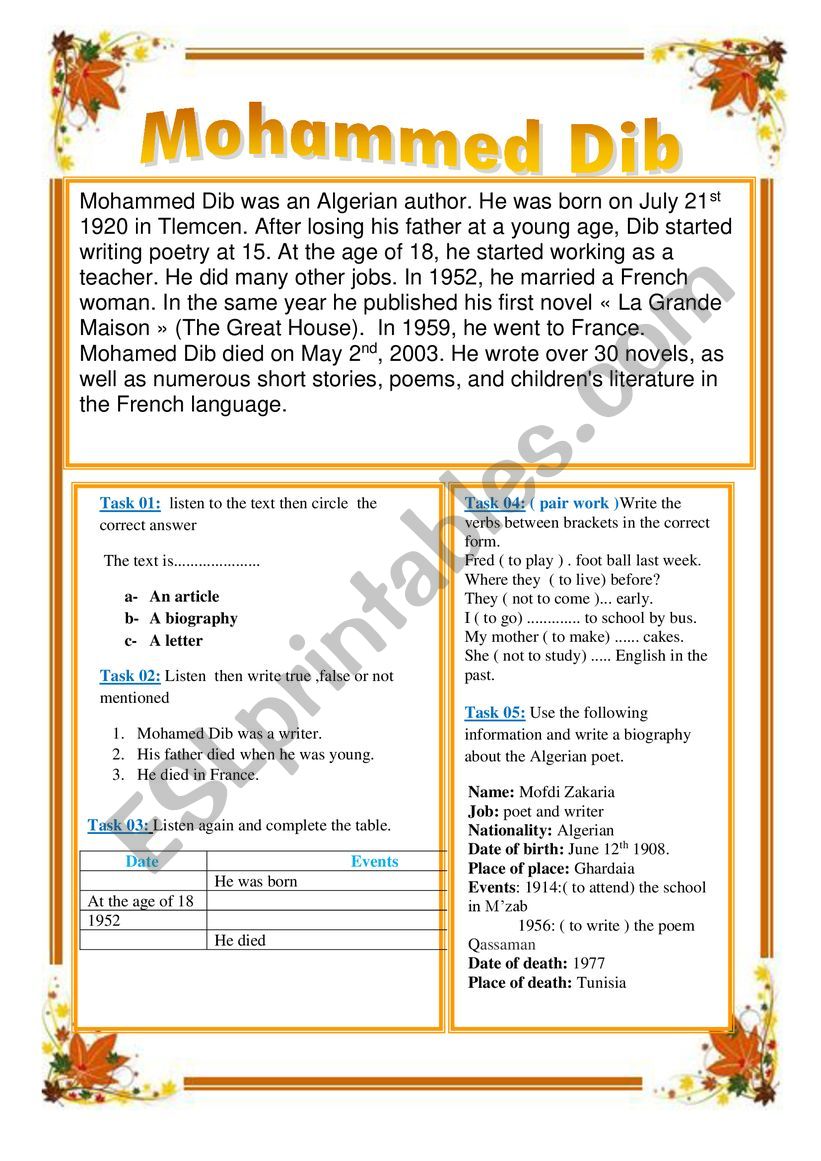 language (short biography) in which they describe a persons life in the past.