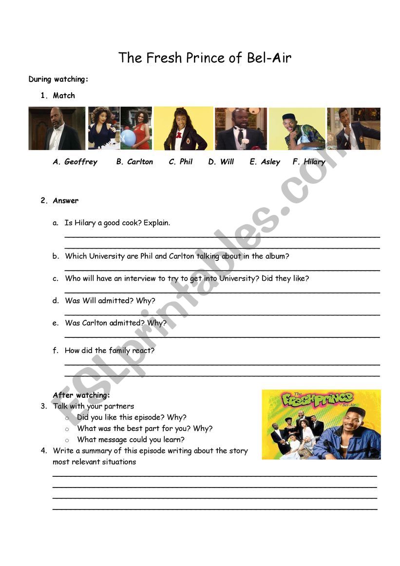 The Fresh Prince  worksheet