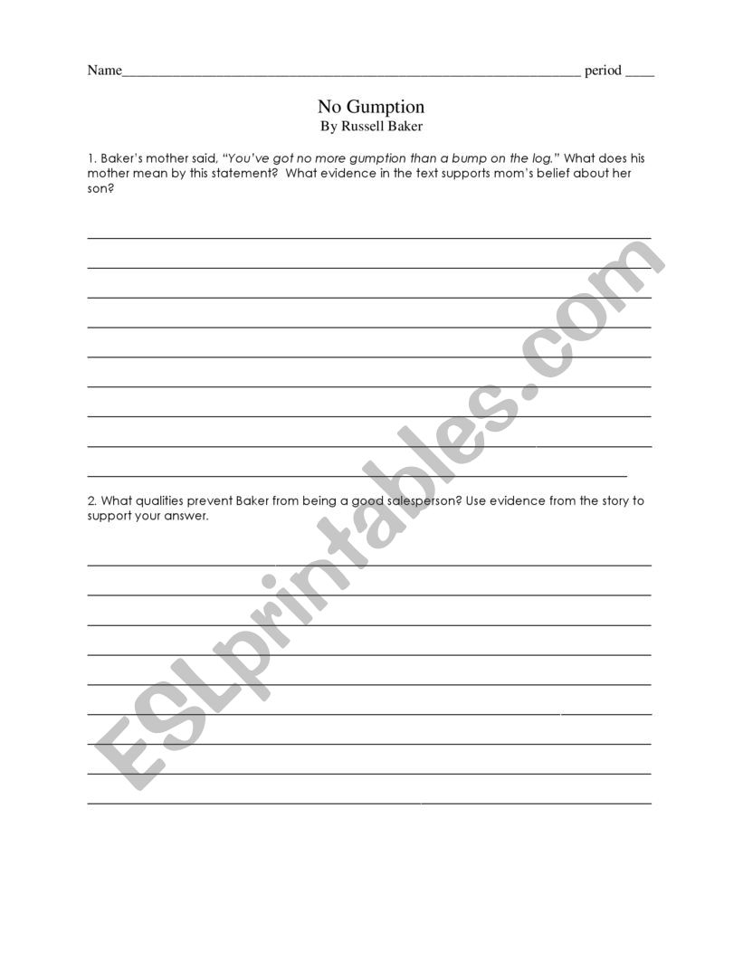 No Gumption by Russell Baker worksheet