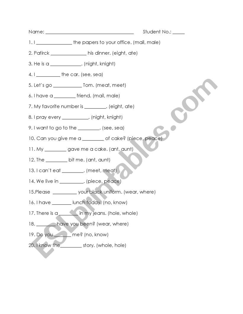 Homophone Worksheet worksheet