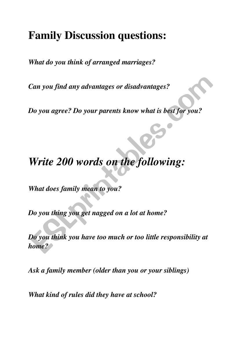 family disscisions questions worksheet