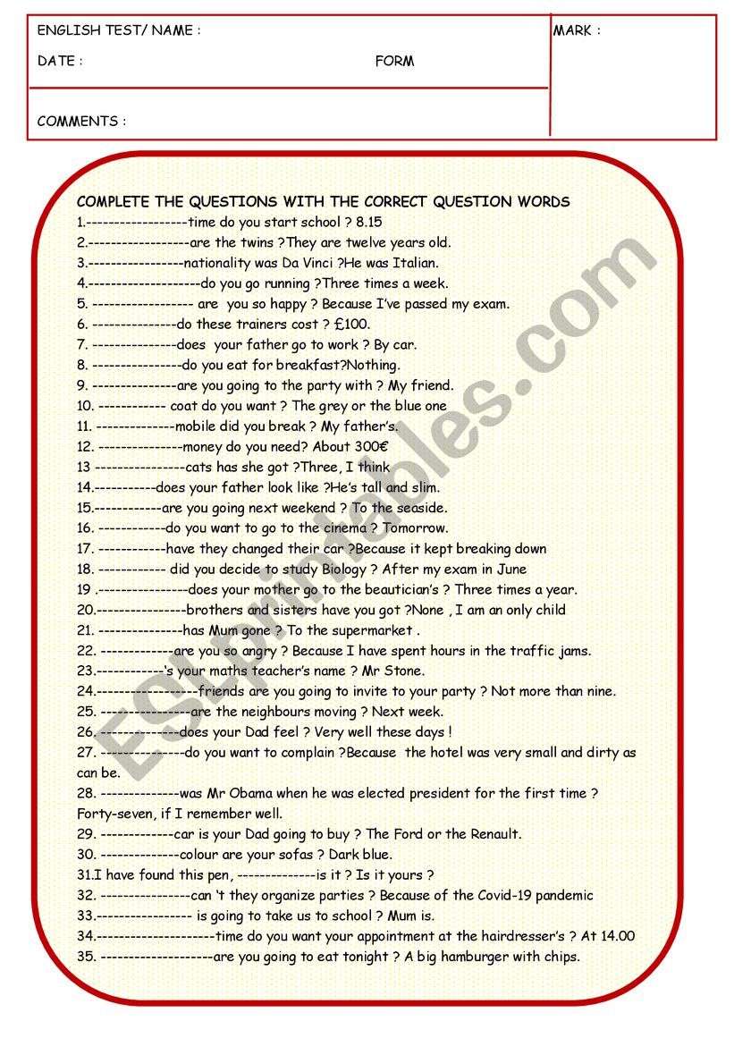 question words with KEY worksheet