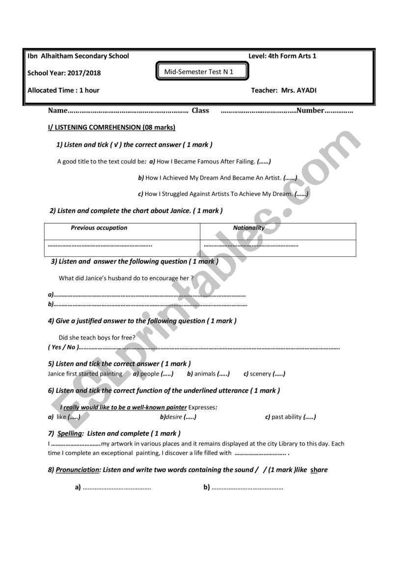 mid term test 1 arts worksheet