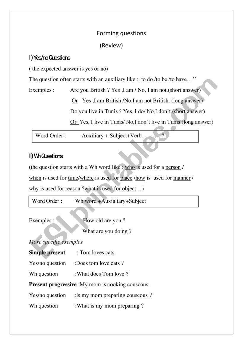 Forming Questions worksheet