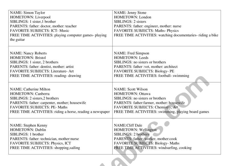 speaking card worksheet