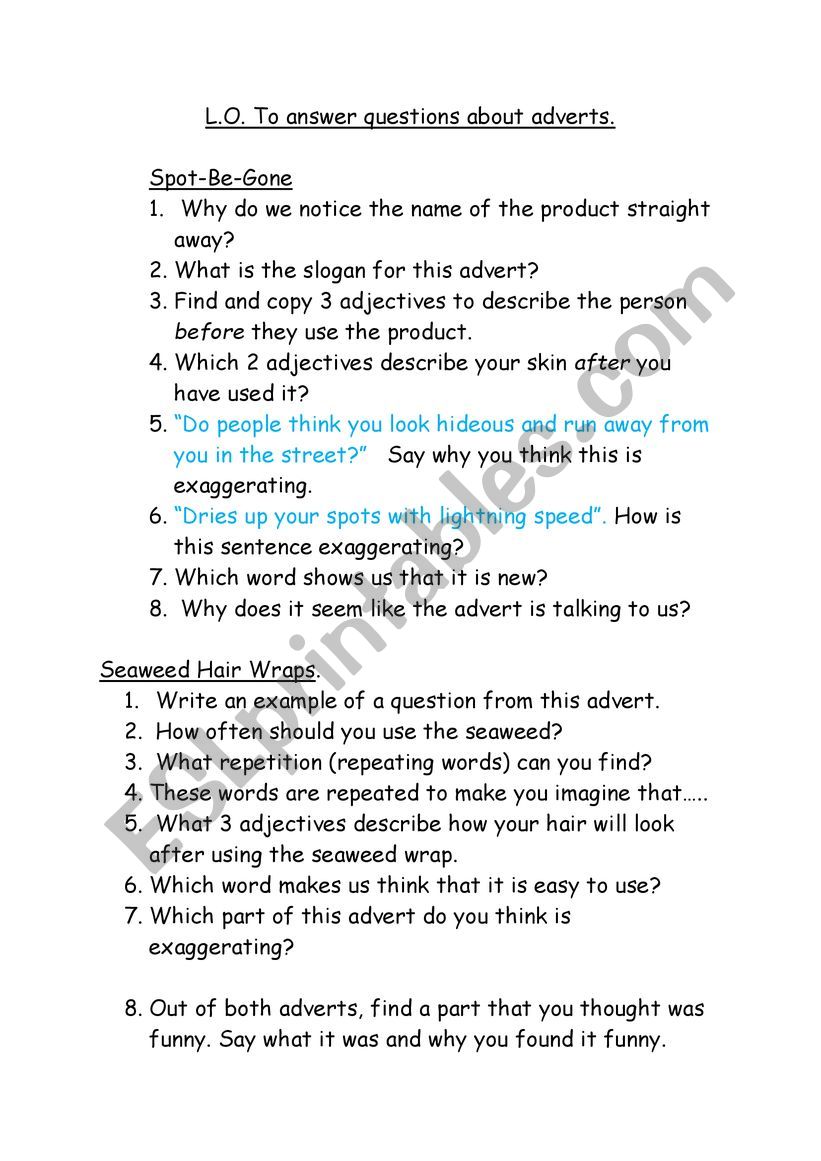 Advert questions worksheet