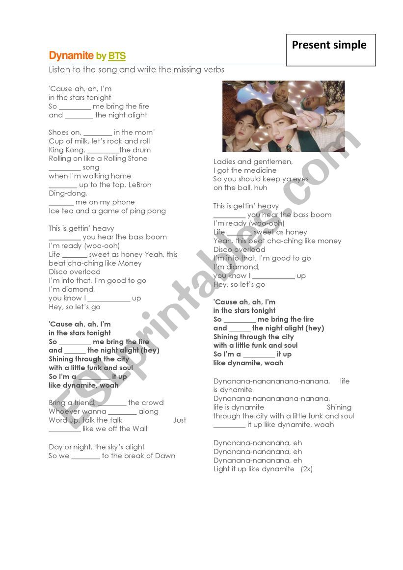 Dynamite by BTS worksheet