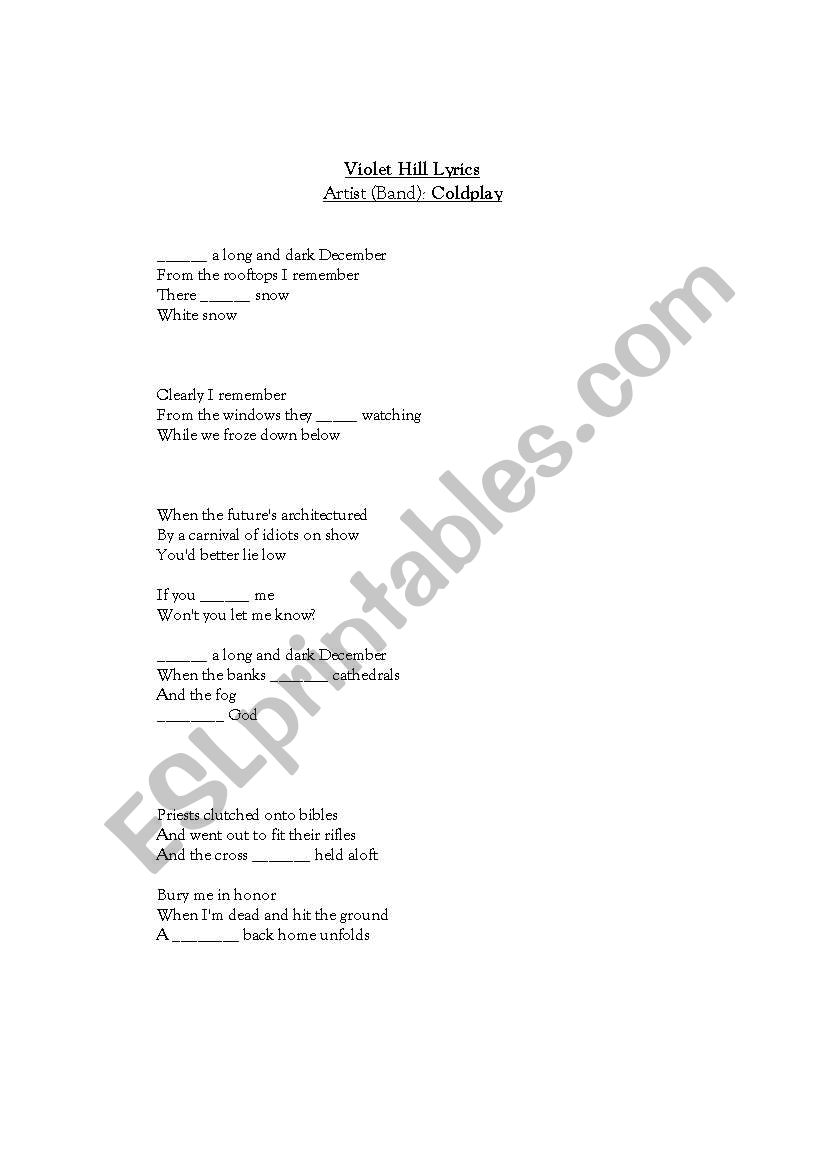 Violet Hill By Coldplay. worksheet