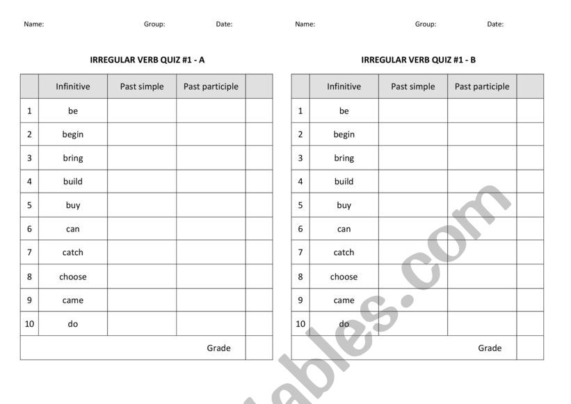 Past simple verbs - irregular - Quiz 1