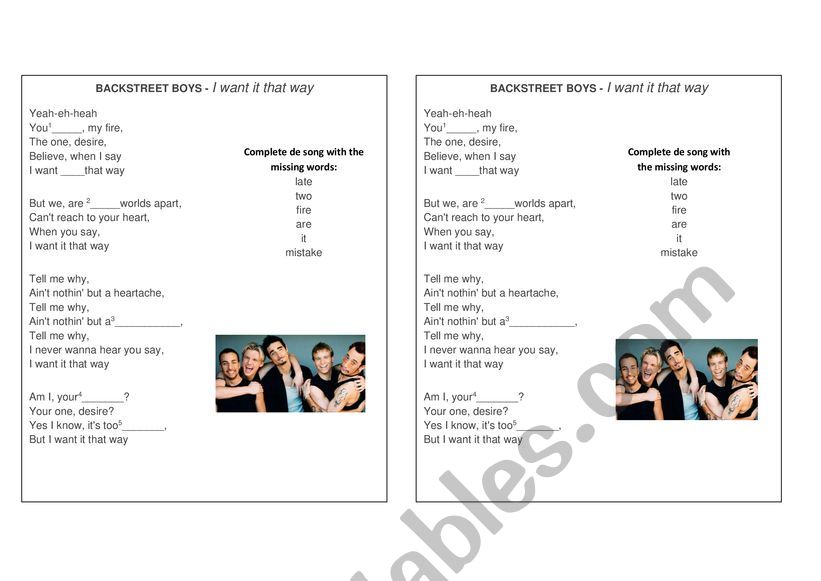 Everybody (Backstreet's Back) by Backstreet Boys - ESL worksheet by  englishteach8