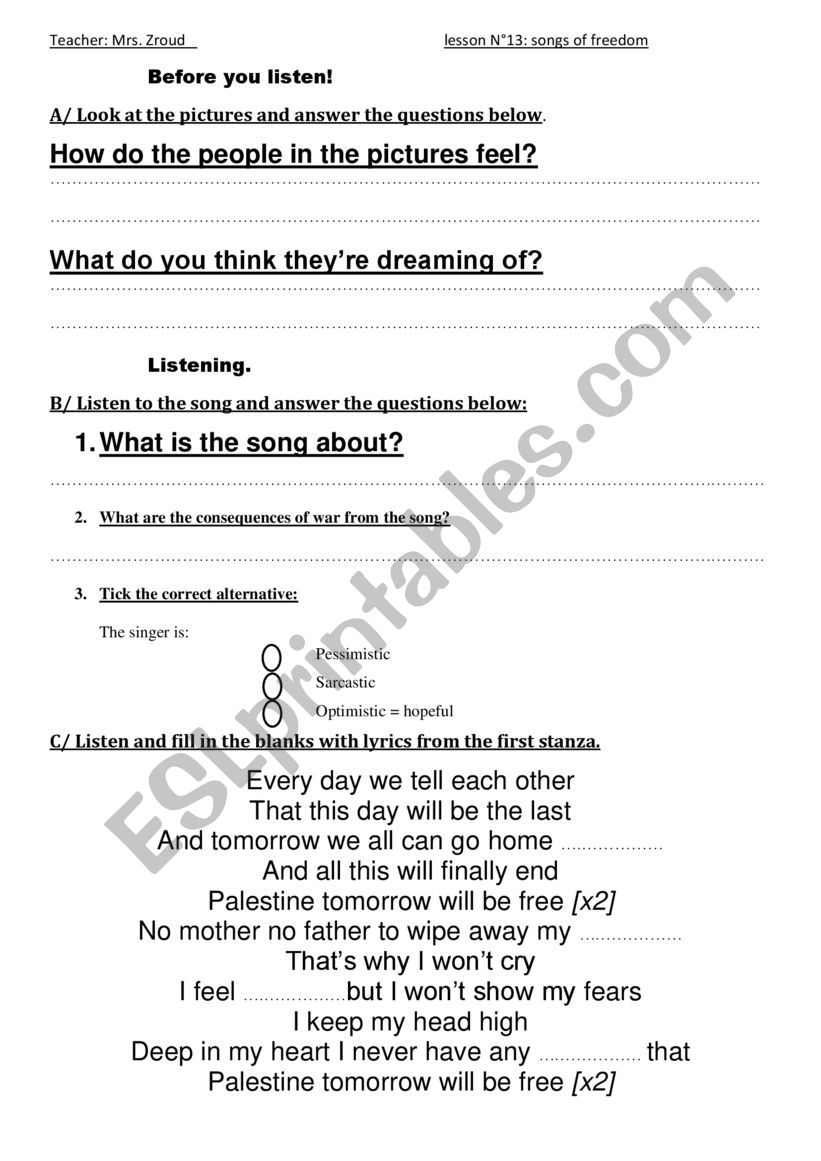 lesson 13: Songs of Freedom worksheet