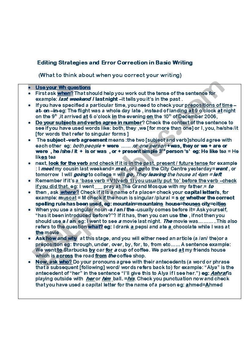 Writing- What to think about when editing your writing and a checklist