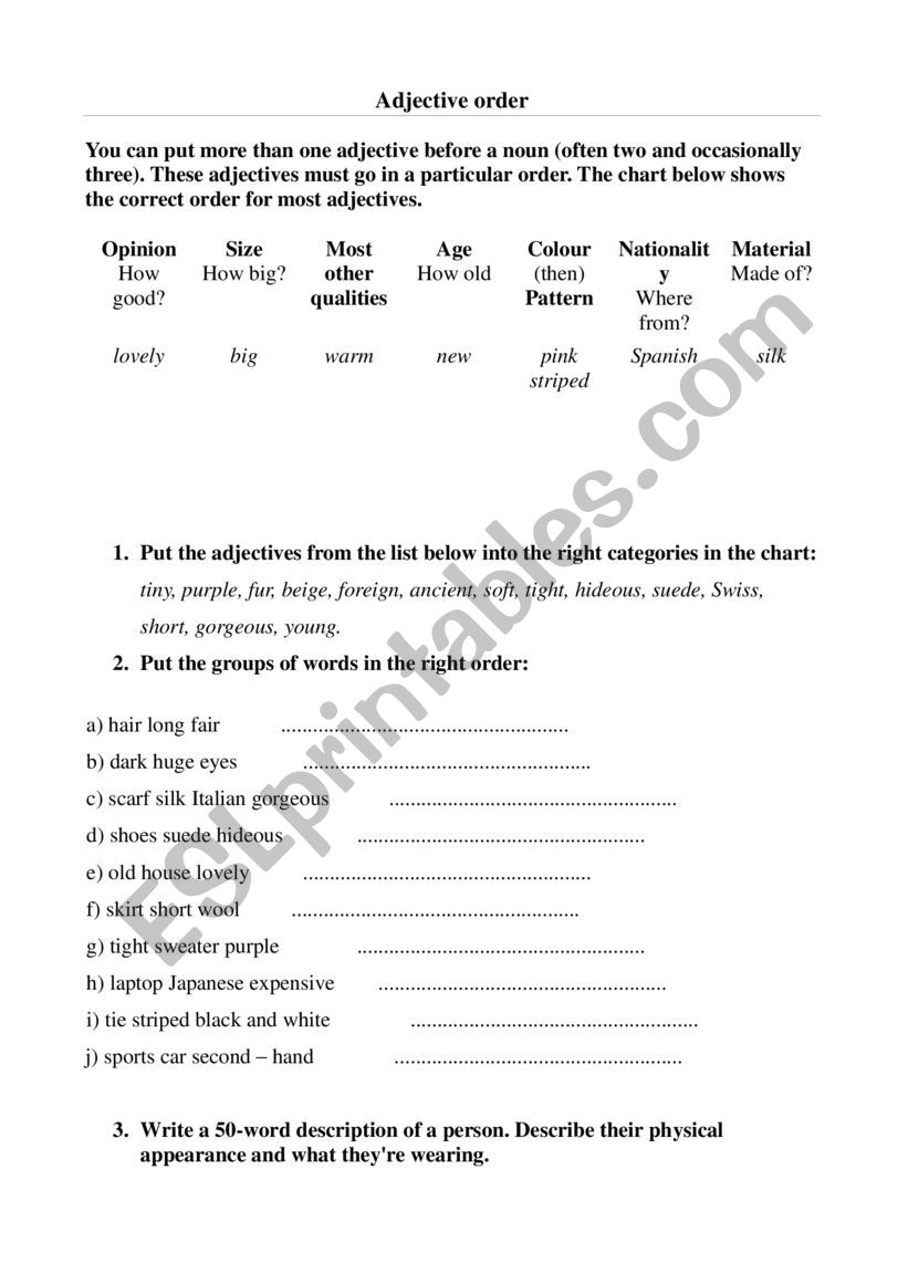 Adjective order worksheet