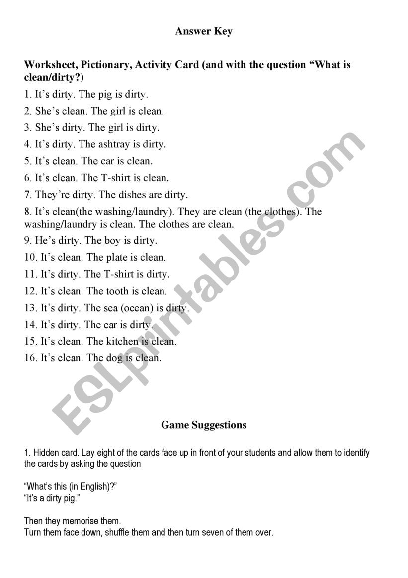 Clean or dirty cards 1-12 (of 24) with answer key (for worksheet) and game  suggestions - esl worksheet by david lisgo