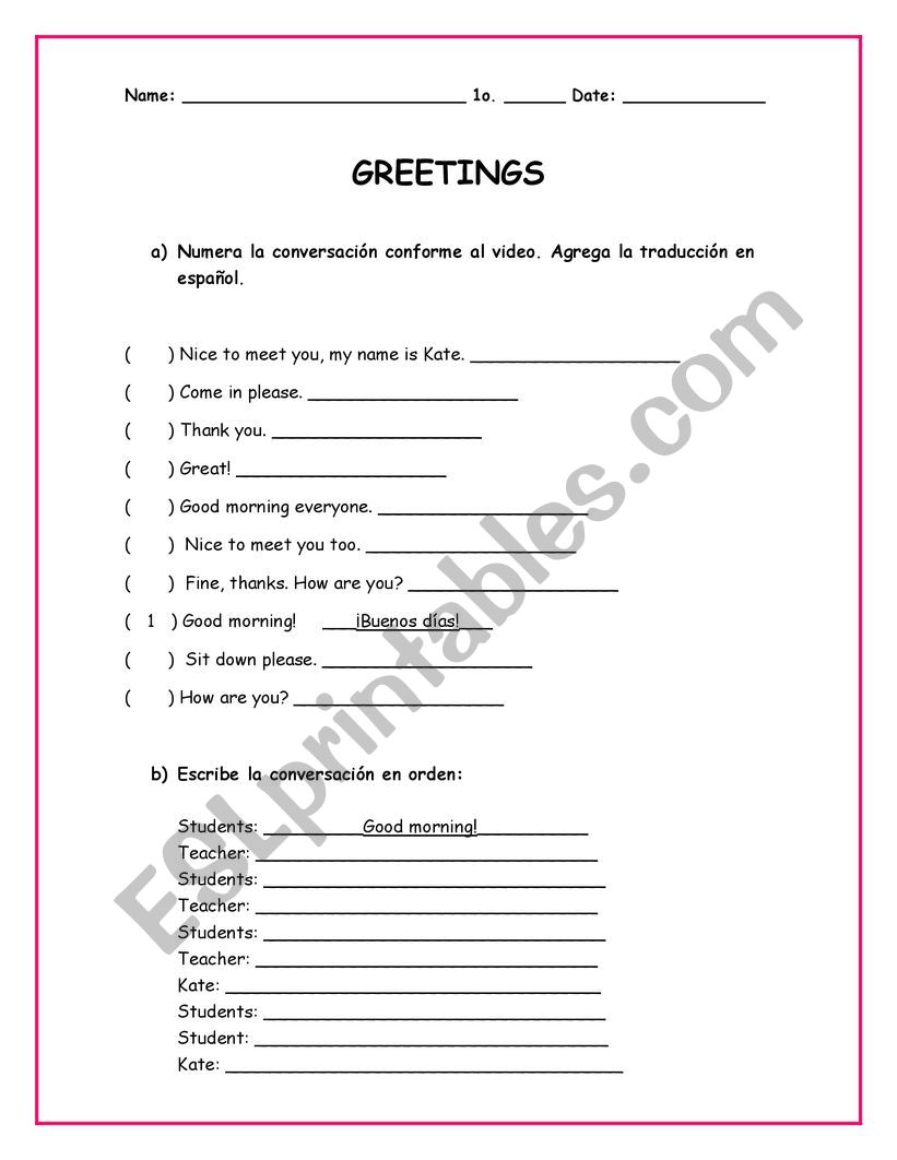 GREETINGS worksheet