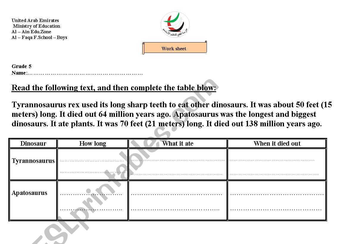 dinoaur worksheet