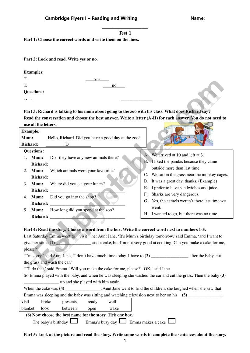 Cambridge Flyer Reading test worksheet