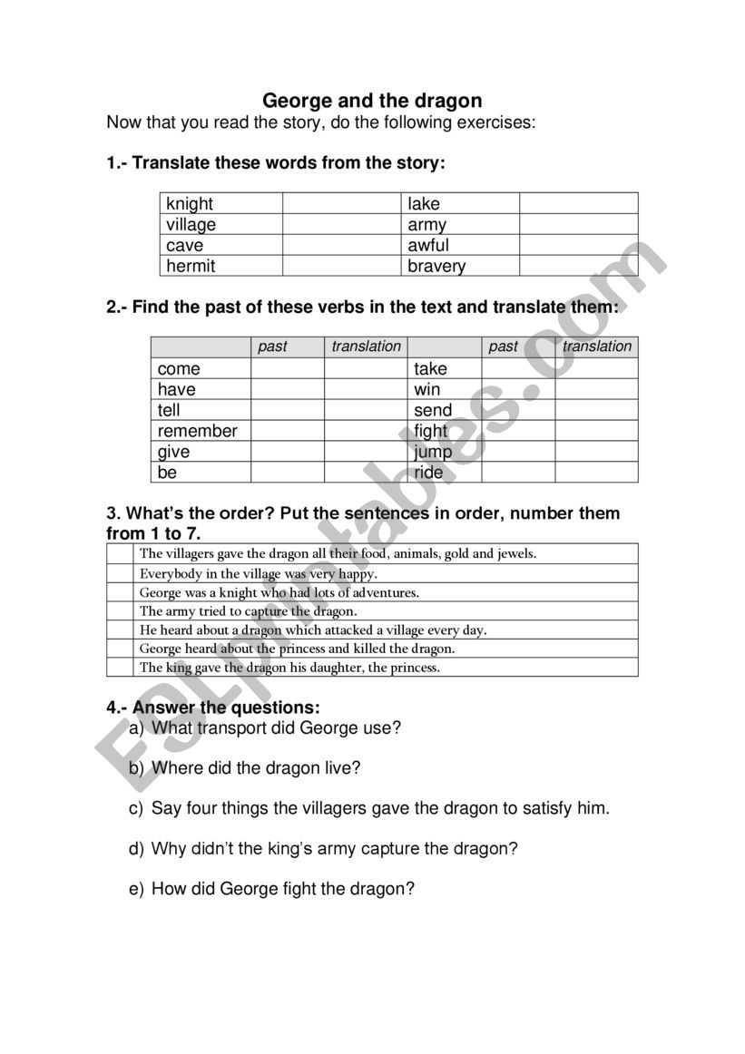 George and the dragon worksheet