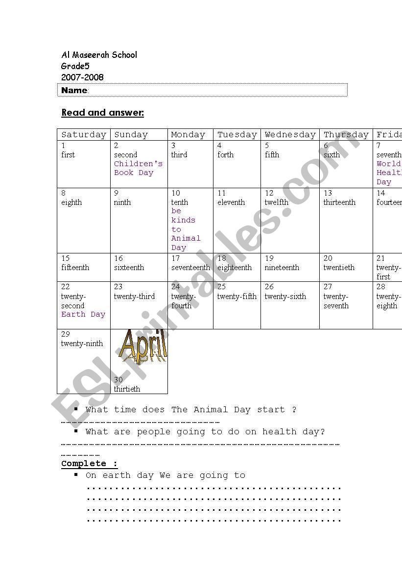 calender worksheet