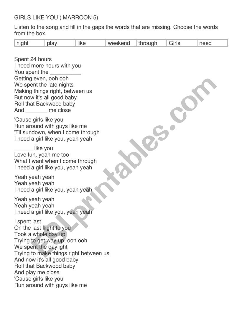 Girls like you song  worksheet