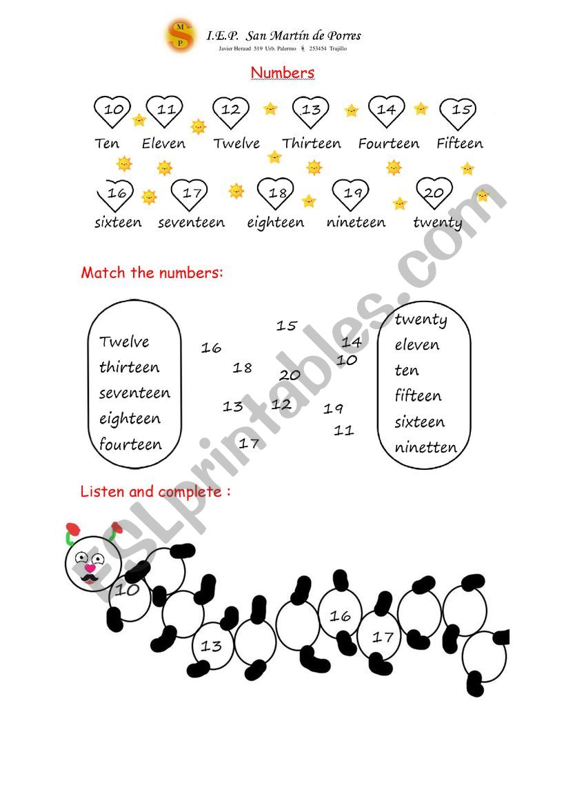 numbers worksheet