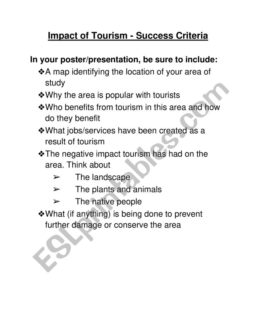 Impact of Tourism - Success Criteria