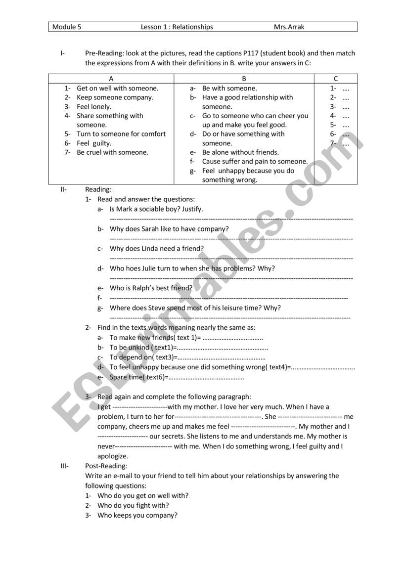 module 5 lesson 1 Relationships 8th form