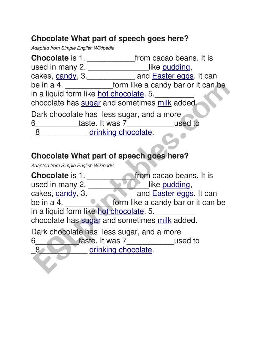 Chocolate -Parts of Speech worksheet