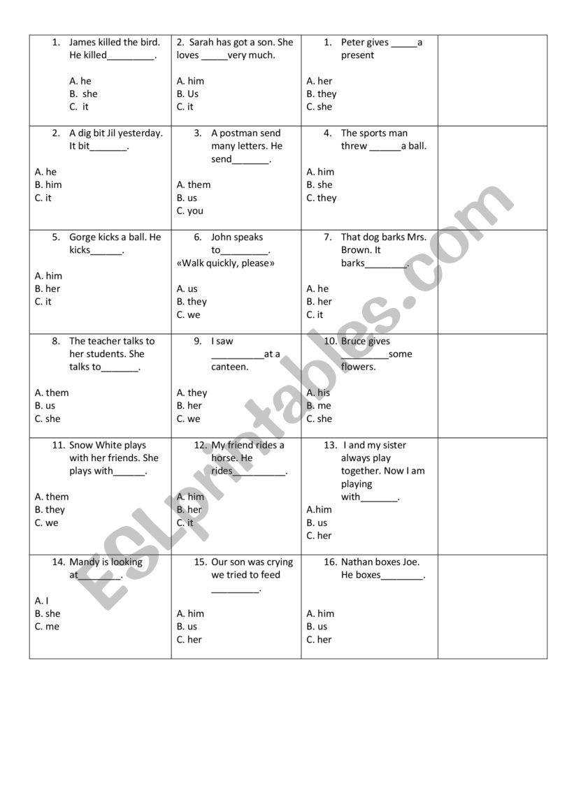 Objecy pronoun worksheet