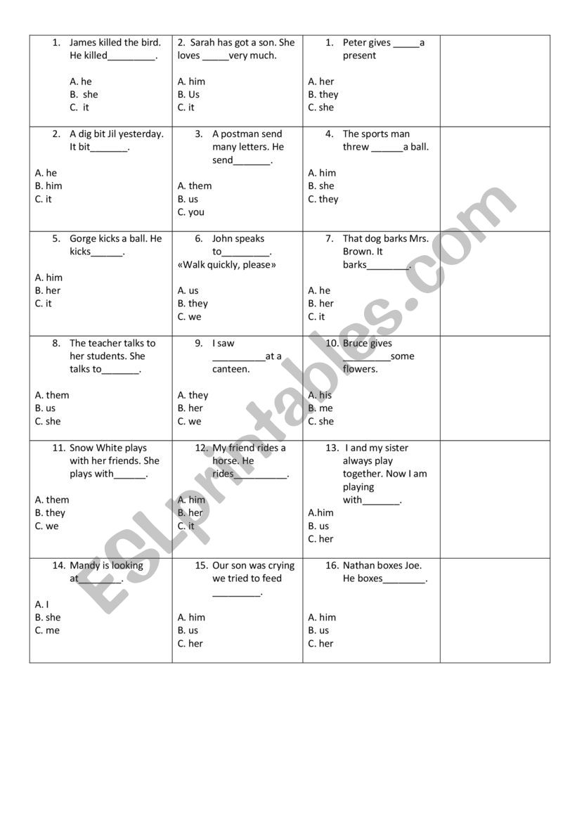 Objecy pronoun worksheet