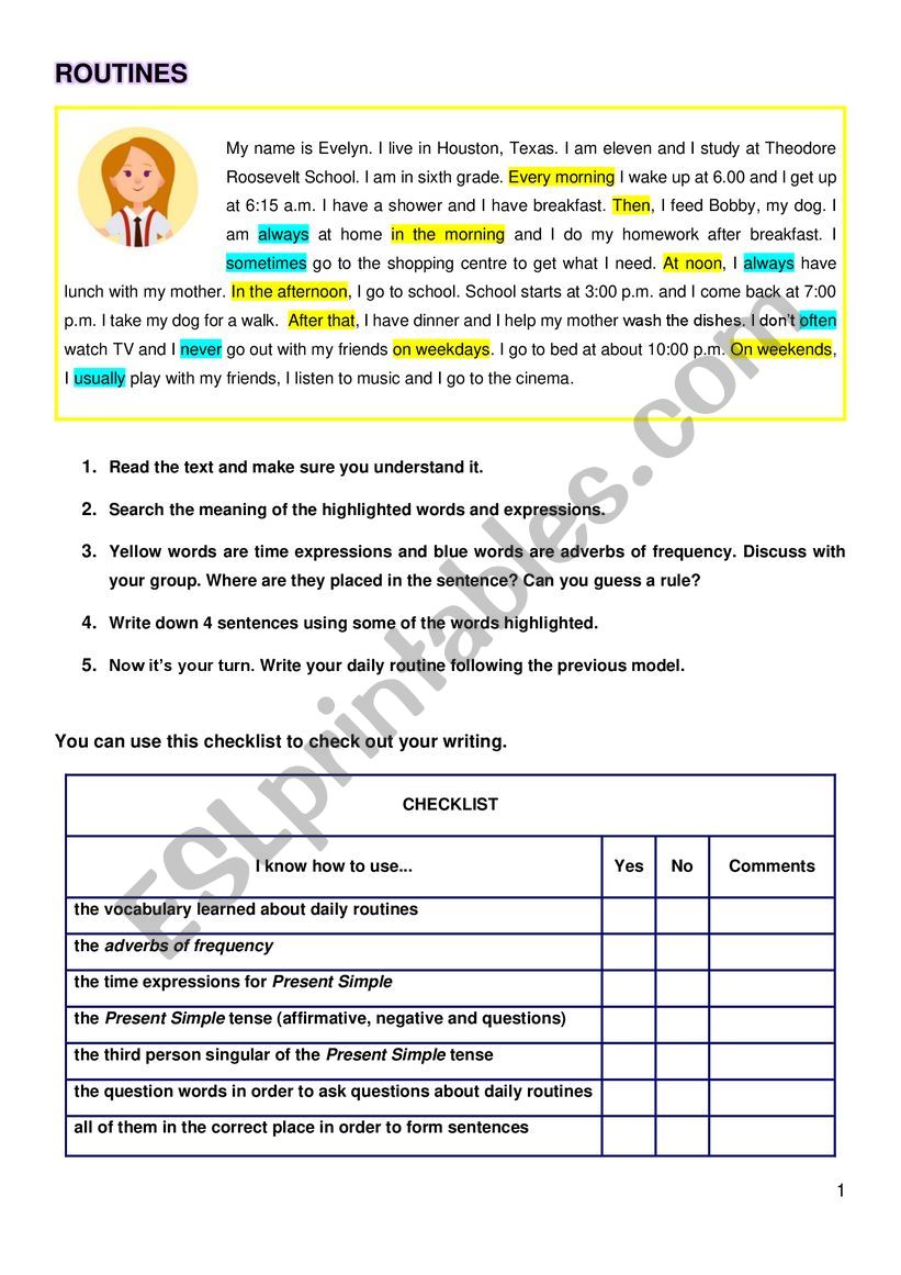 Daily routines, kwl chart, checklist and chart to ask school mates� routines
