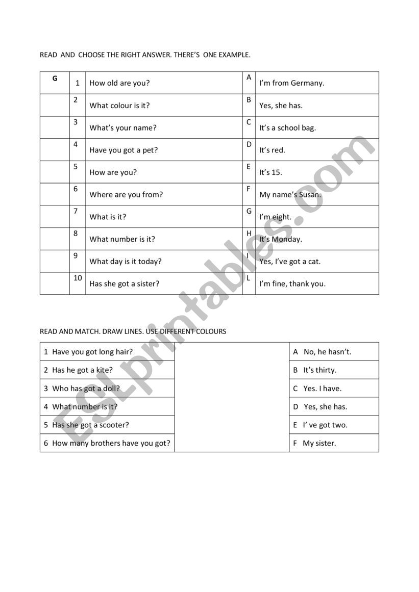 Matching questions answers worksheet