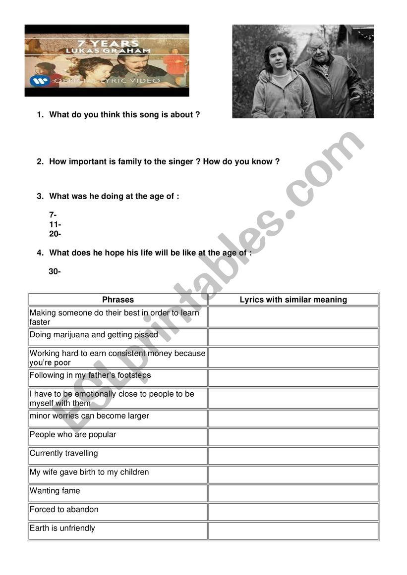 7 years - by Lukas Graham worksheet