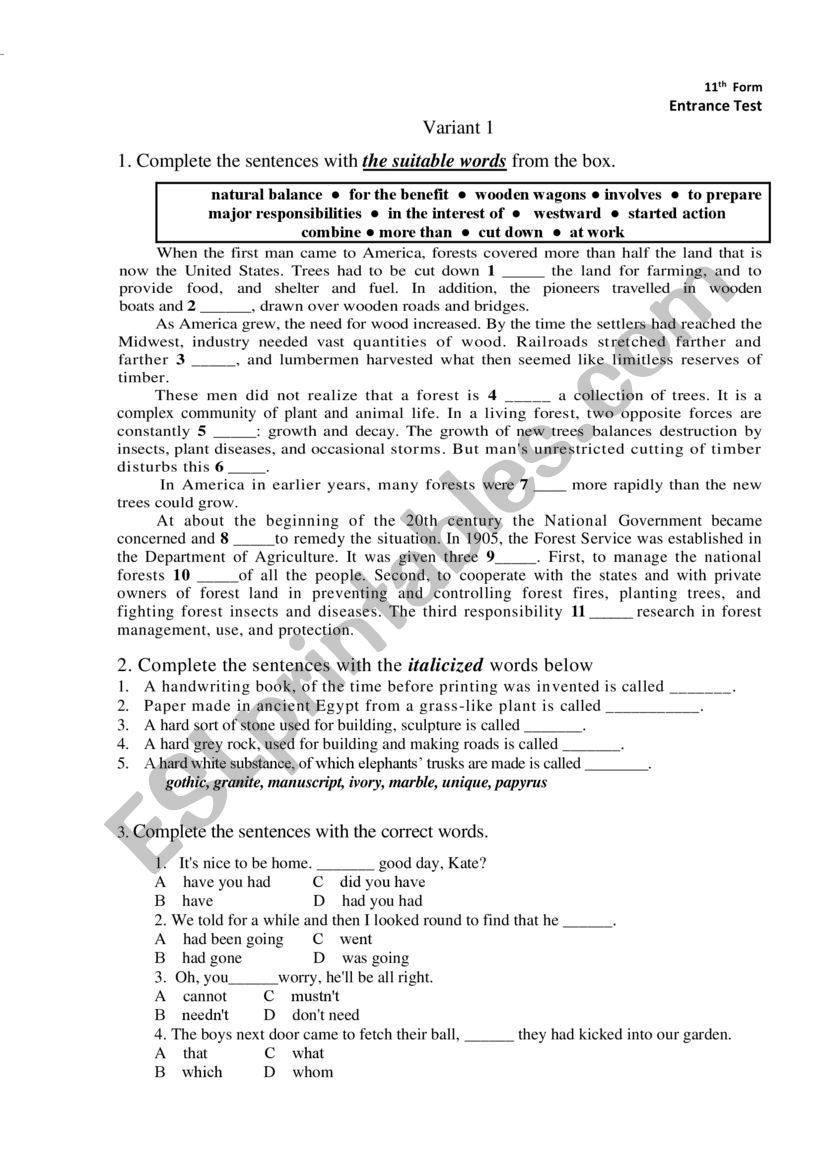 Entrance Test worksheet