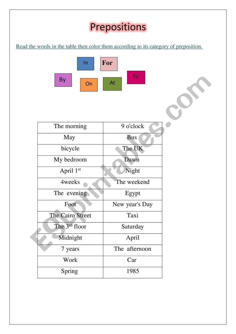 prepositions  worksheet