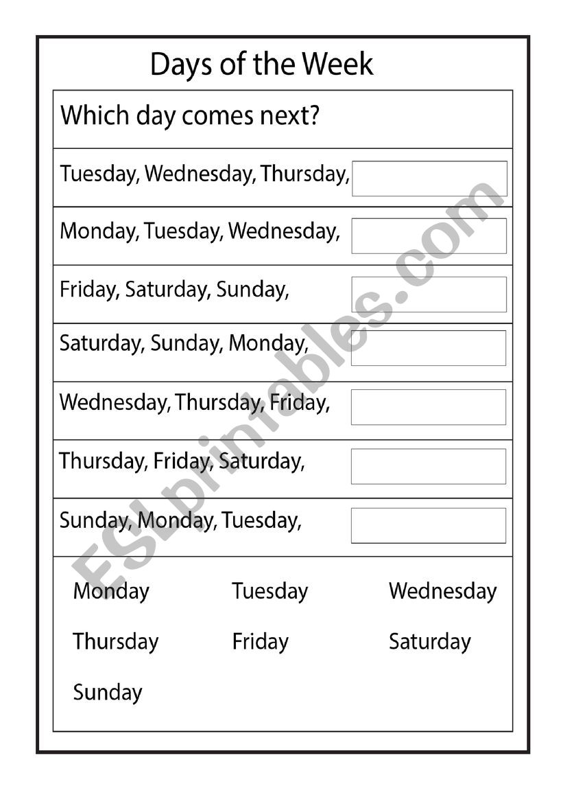 Days of the week worksheet