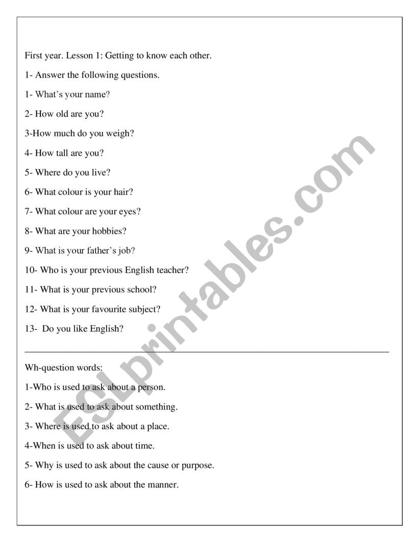 1st year Lesson 1 worksheet