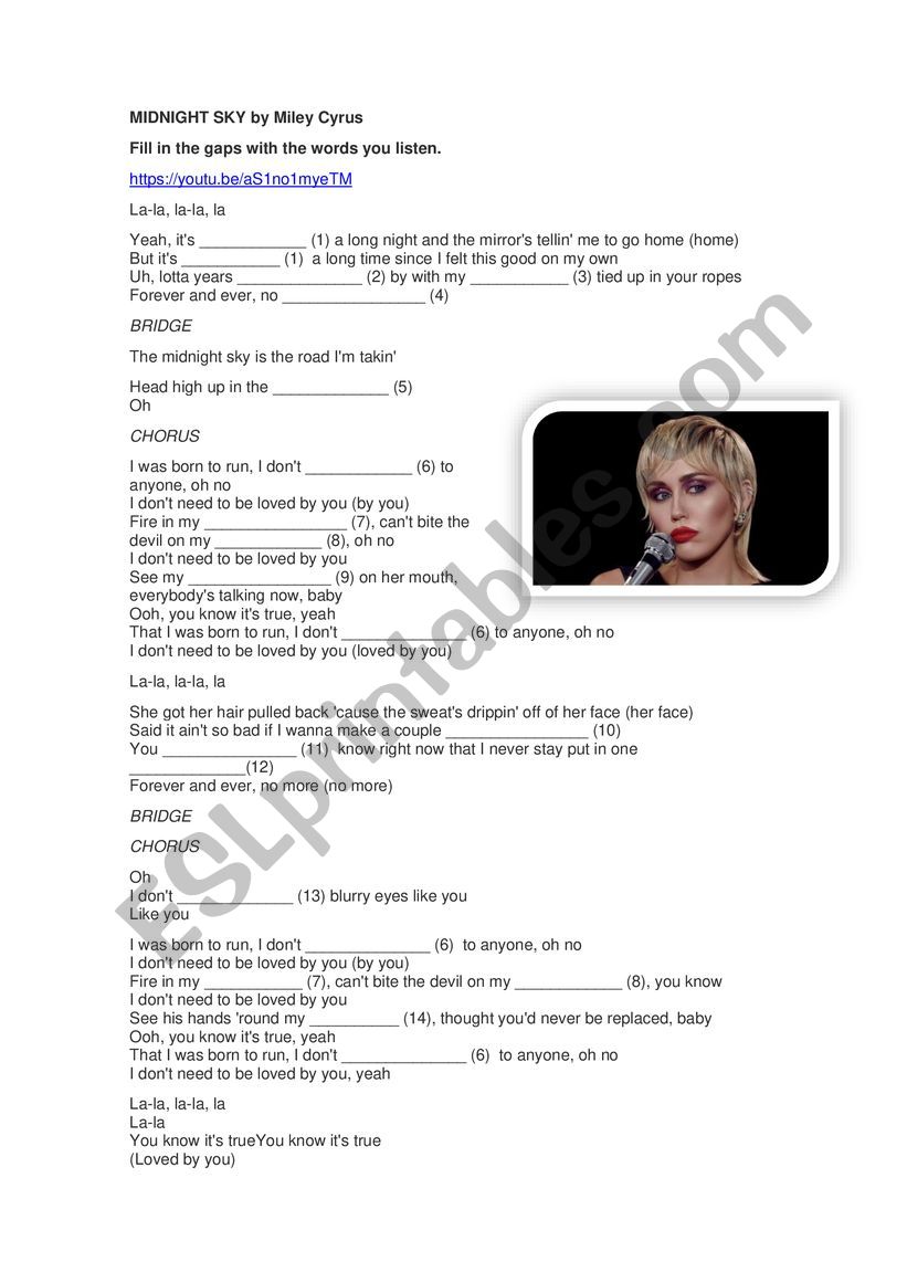 Midnight Sky by Miley Cyrus worksheet
